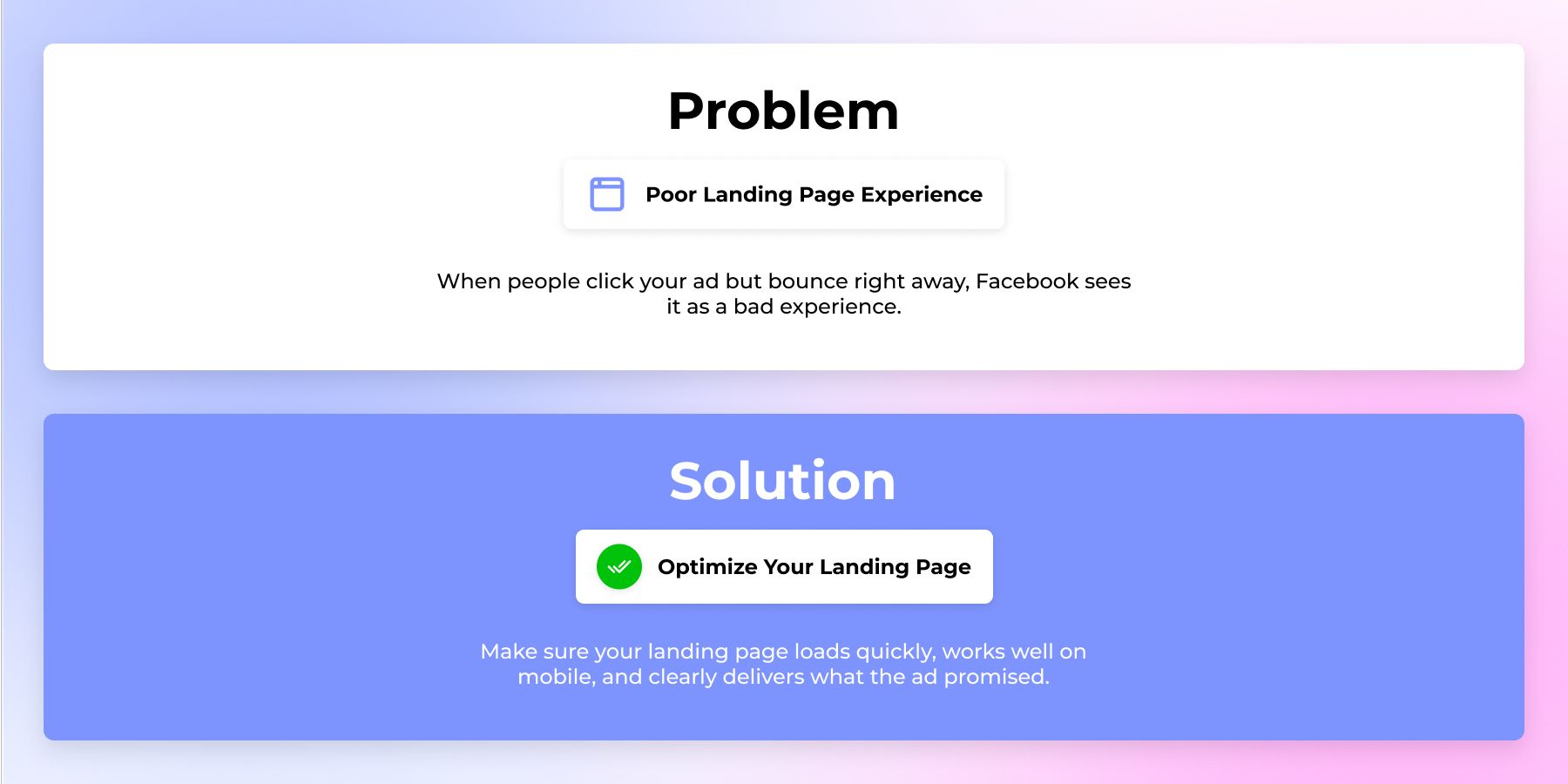 Experiencia de Página de Aterrizaje Deficiente - Cuando las personas hacen clic en tu anuncio pero abandonan inmediatamente, Facebook lo considera una mala experiencia.